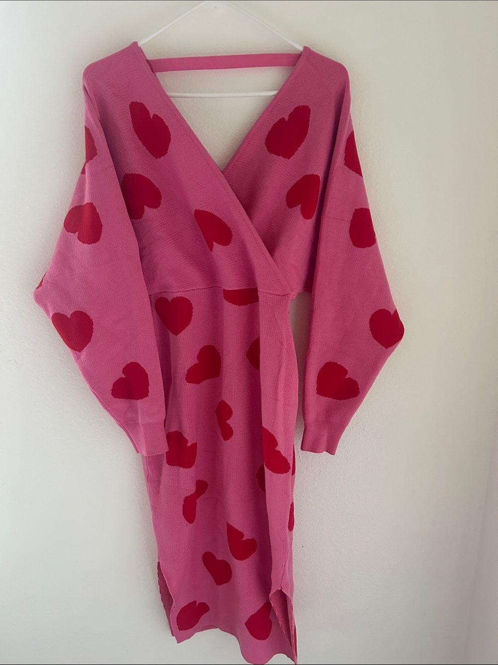 Pink Knit Wrap Dress with Red Heart Print - Picture 1 of 4